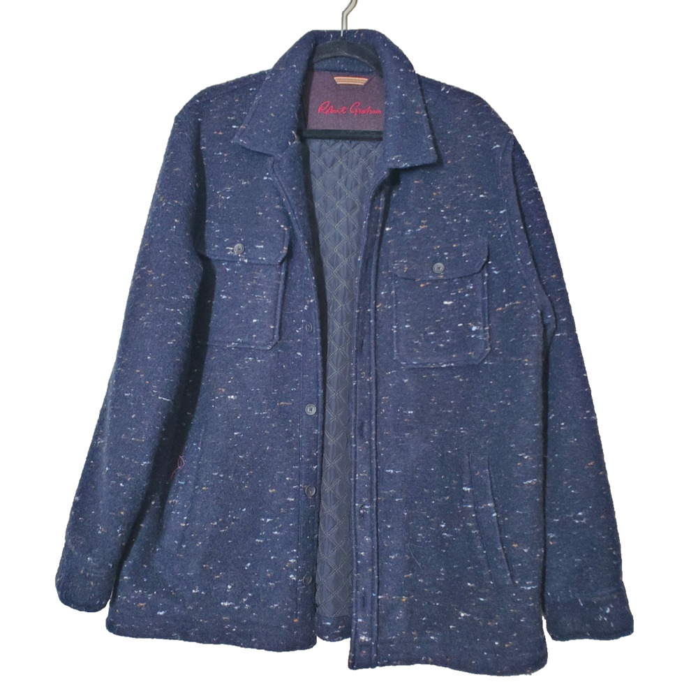 Robert Graham Mens Large Jacket Wool Blue Quilted Lining Barn Coat Shacket EUC
